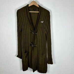 Talbots Army Olive Green Size M Long Line Cable Knit Open Front Cardigan
